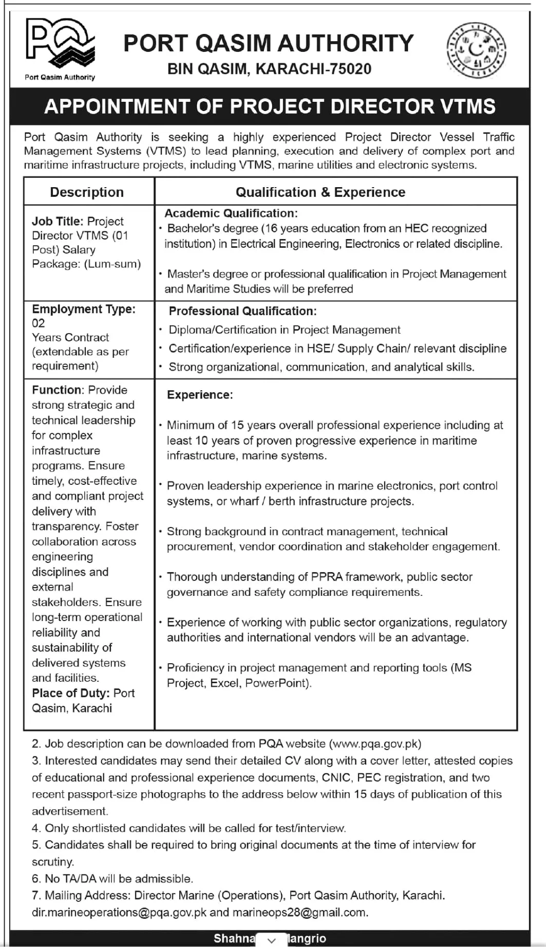Advertisement for Port Bin Qasim Jobs