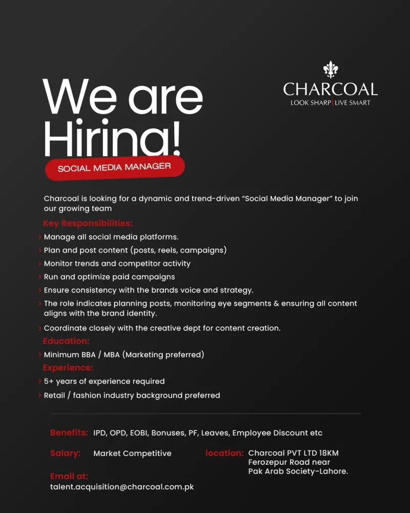 Advertisement for Charcoal Social Media Manager Jobs