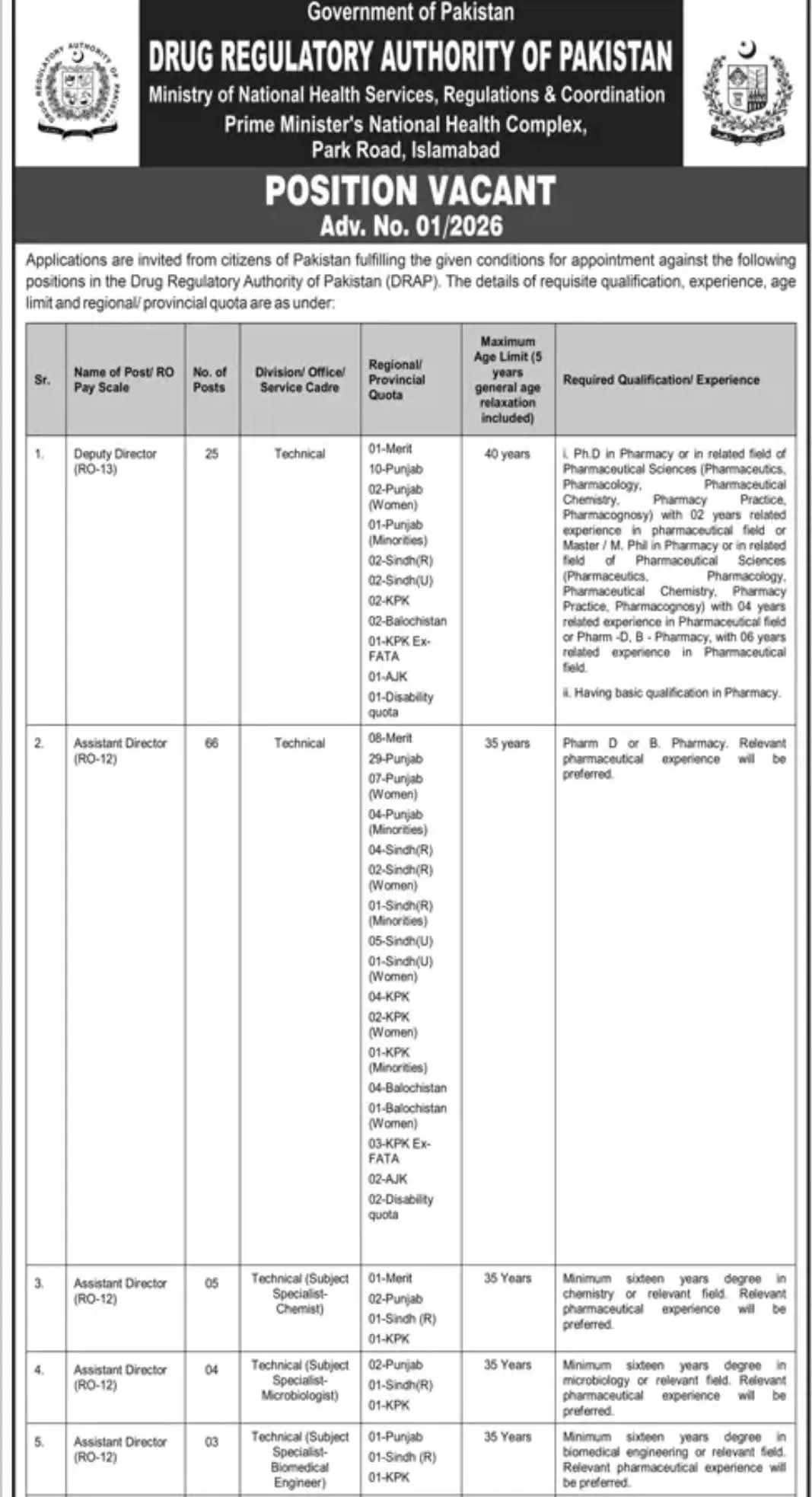 Advertisement for Drug Regulatory Authority Jobs 2026